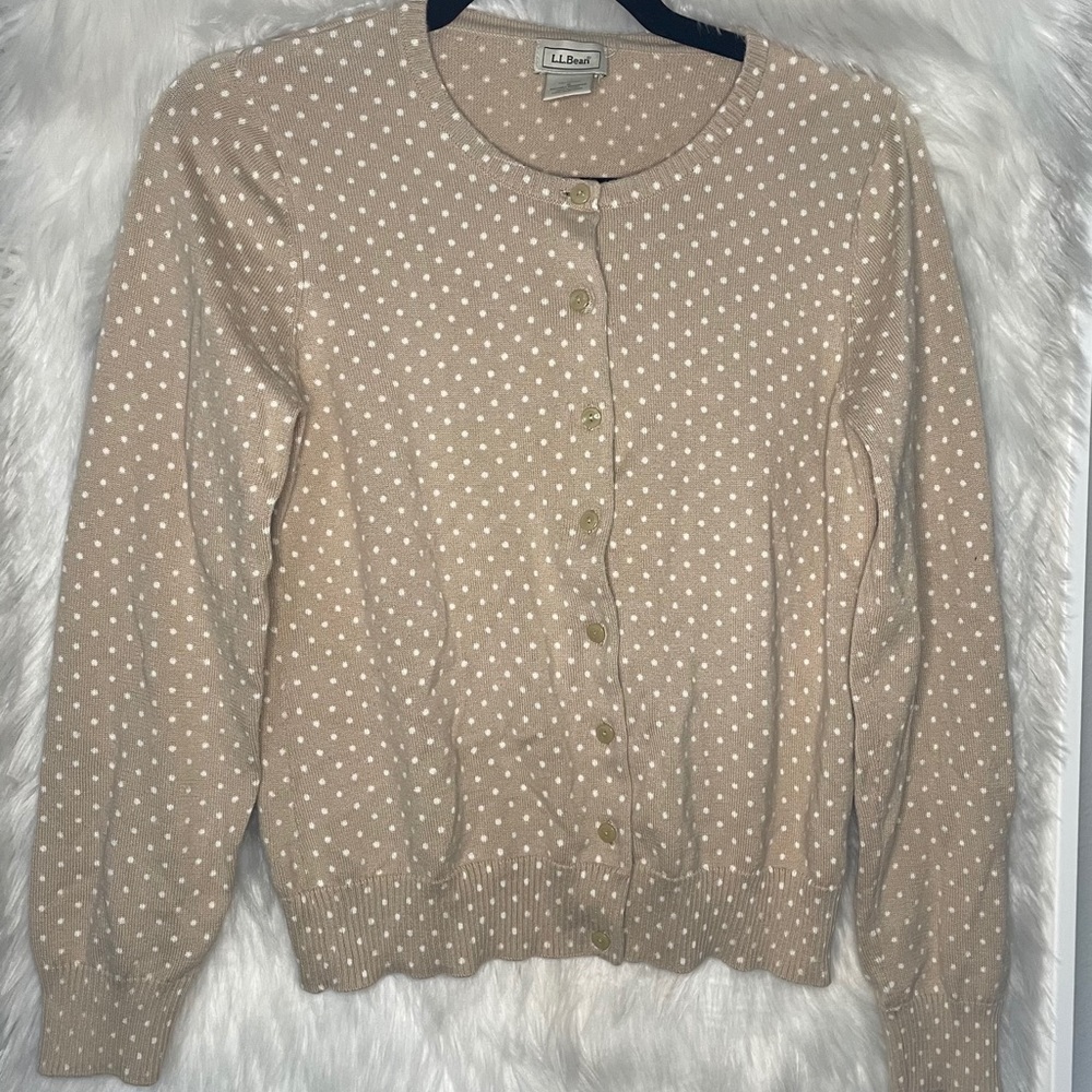 Tan and mini white polka-dot cardigan LL Bean
